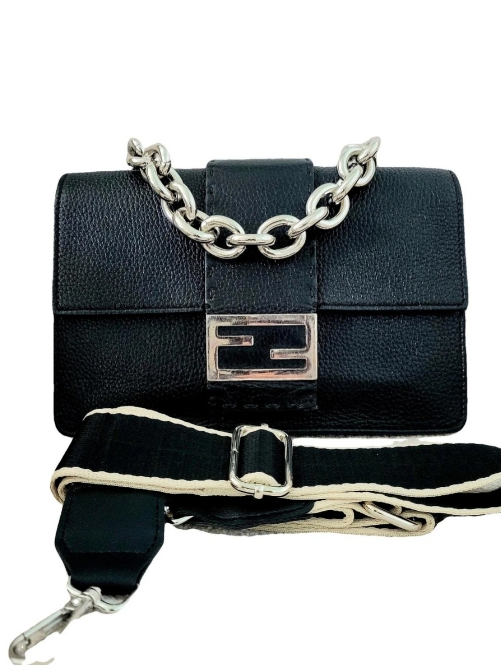 Fendi FF Zucca Black Grain Leather Clutch Handbag Mama Baguette
